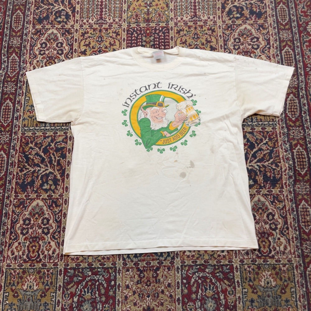 VTG 90s Oneita Instant Irish Just Add Beer Leprechaun T-Shirt White XXL Thrashed